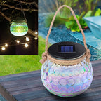 Lanterne solaire pot irisé à pastilles en relief et anse en corde