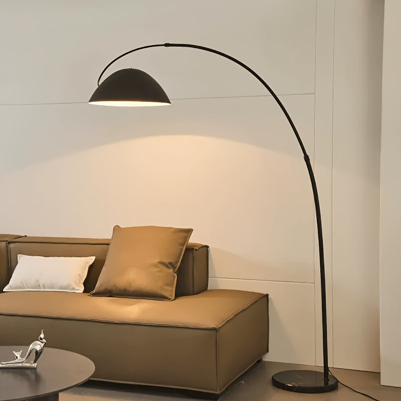 Lampadaire arc noir mat, dôme métal Ø 30 cm et portée réglable