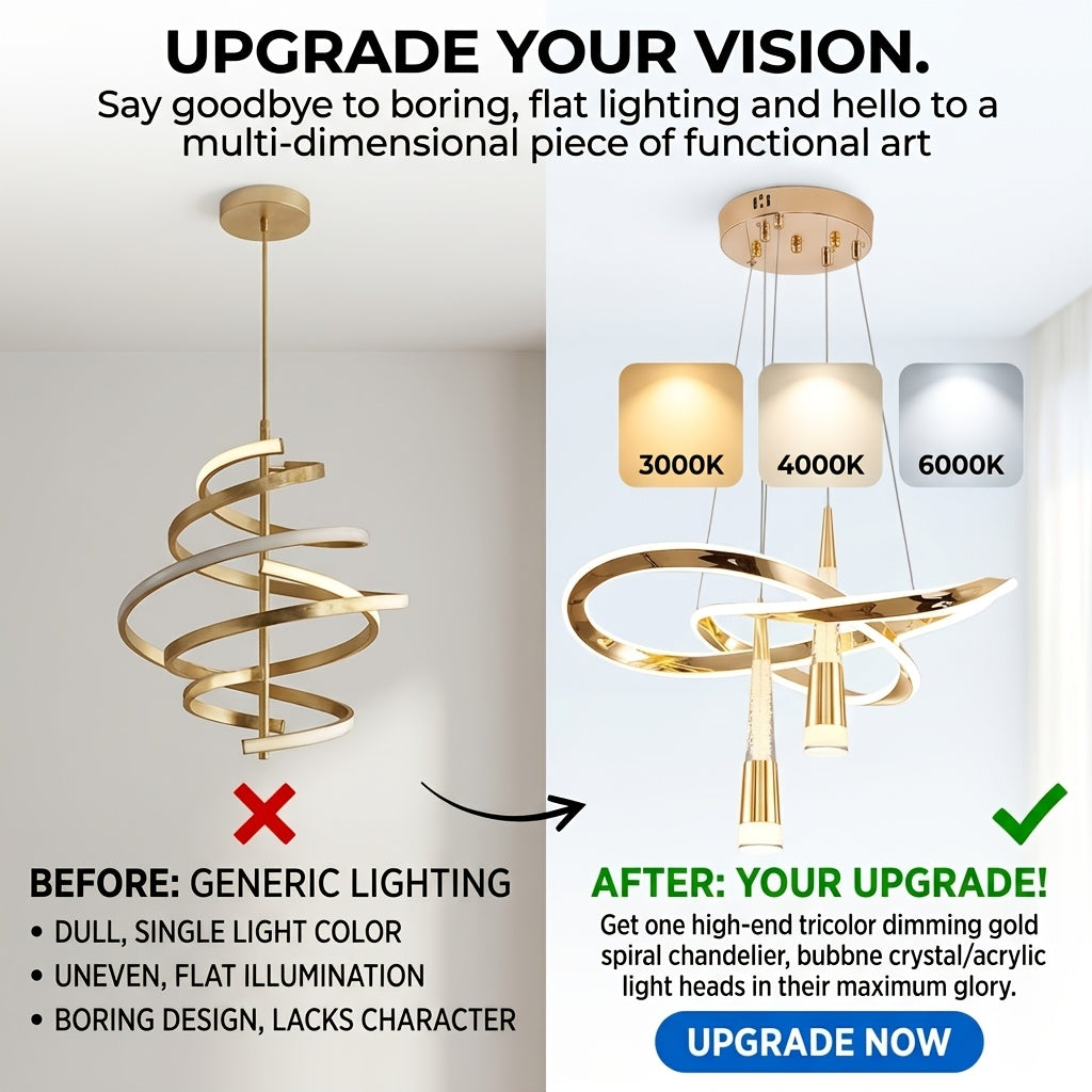 Lustre LED doré à rubans entrelacés et deux cônes, trois teintes
