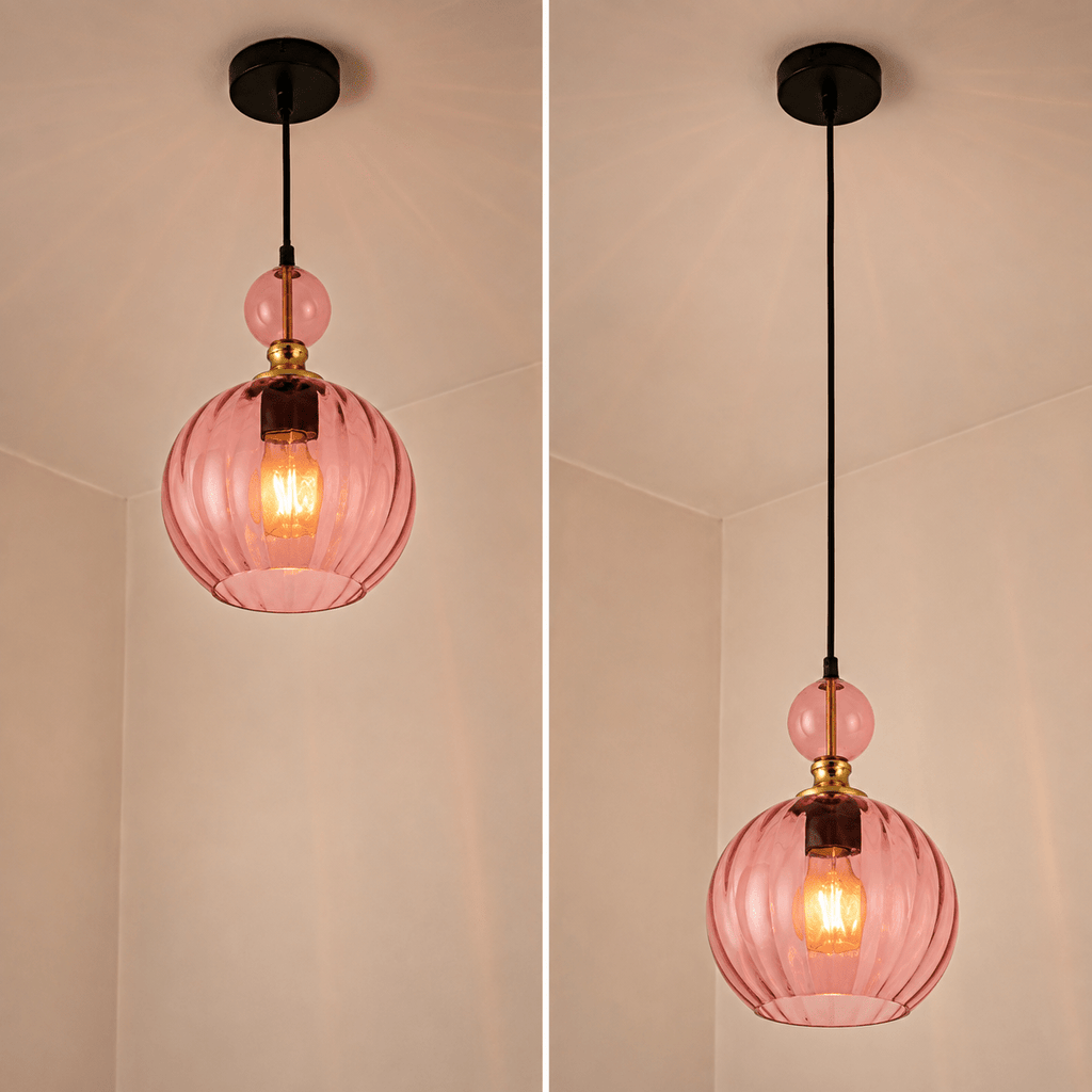 Suspension globe côtelé et perle de verre, rose, bleu, gris ou ambre