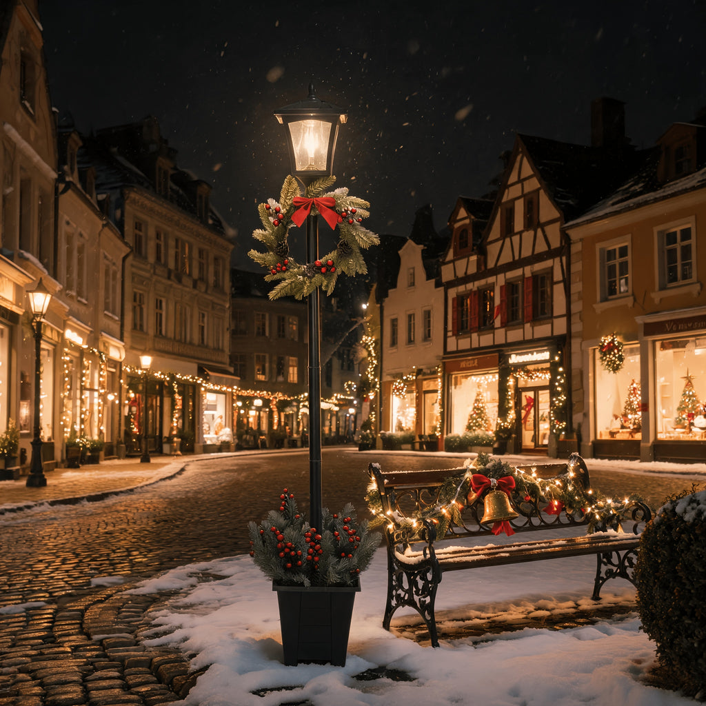 Lampadaire solaire de Noël 150 cm avec couronne et jardinière