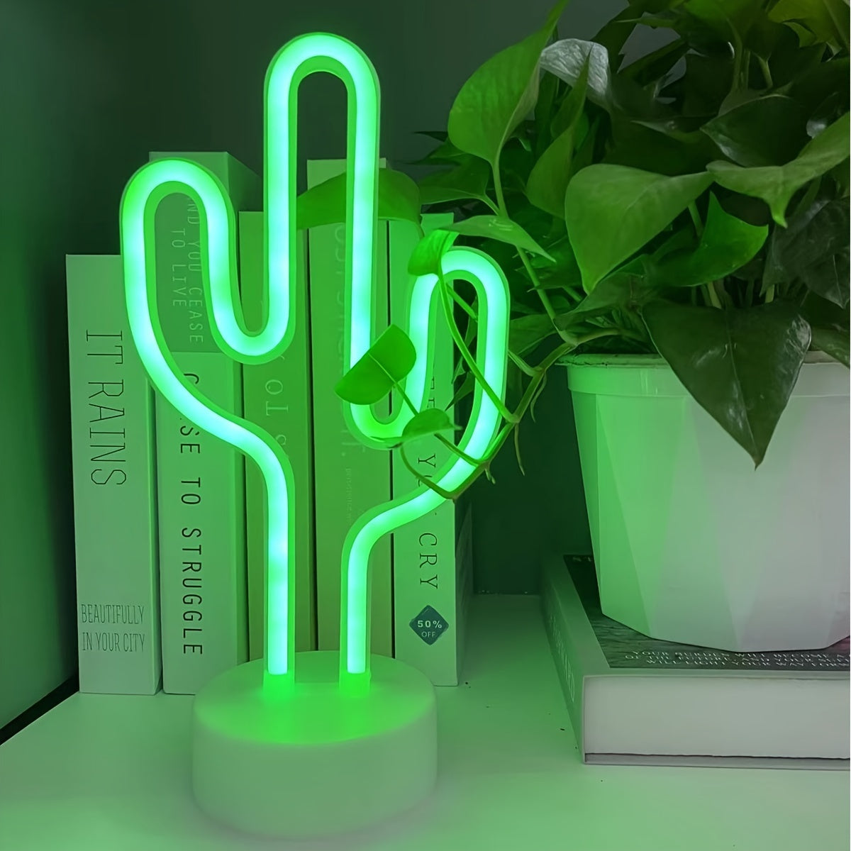 Néon LED cactus vert sur socle blanc, à piles ou USB, 14 x 20 cm
