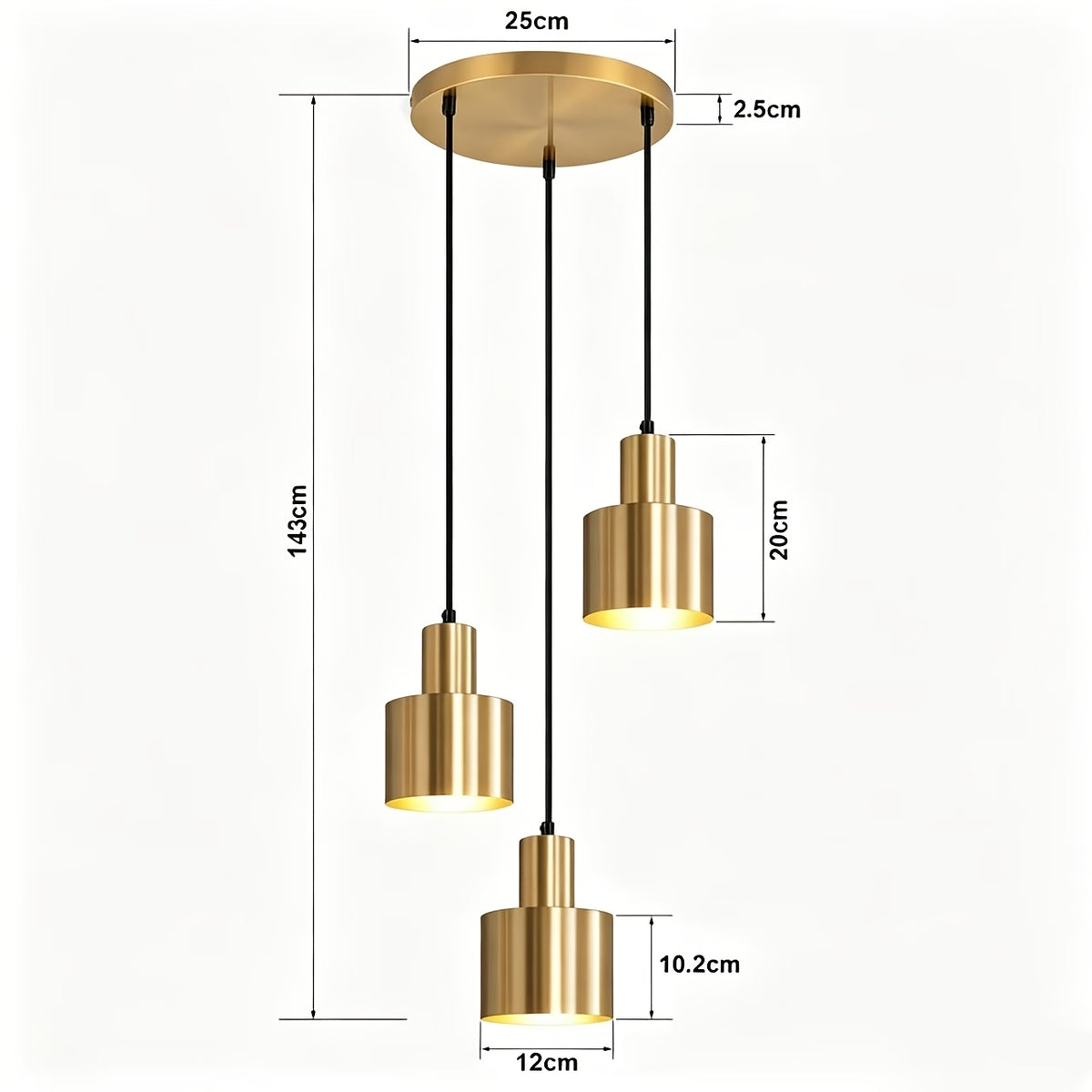 Suspension 3 cylindres en métal doré sur barre de 65 cm, E27