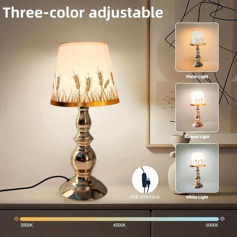 Lampe de chevet abat-jour épis de blé, pied balustre poli et LED