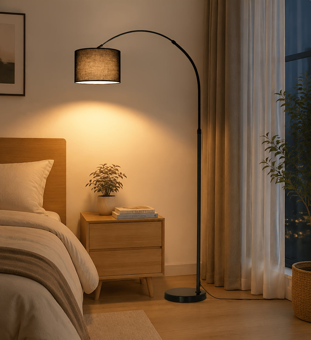 Lampadaire arc pour coin lecture, abat-jour tambour noir Ø 30