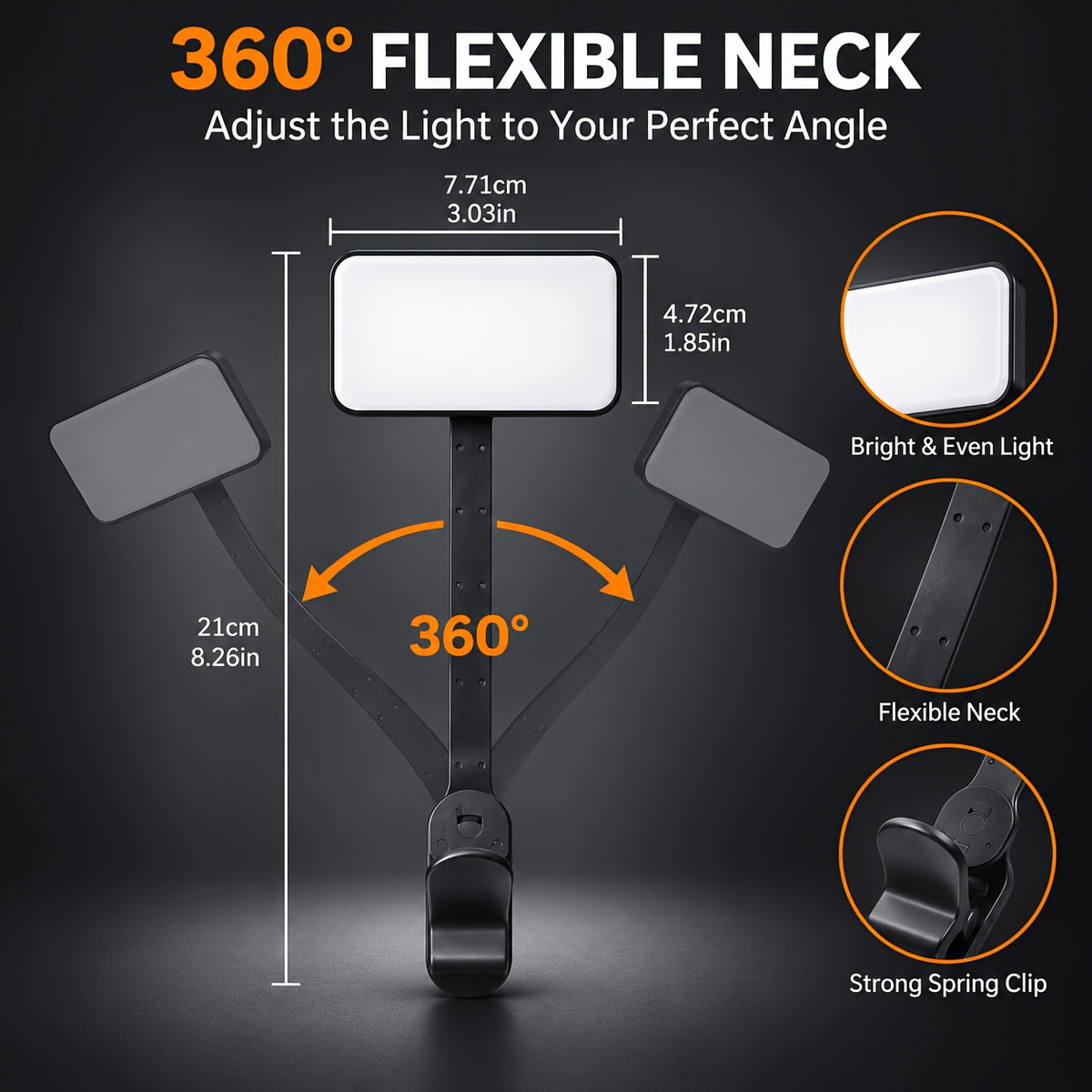 Lampe de lecture à pince noire modulable, tête amovible et bras