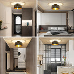 Plafonnier noir abat-jour tambour en tissu ajouré, intérieur doré