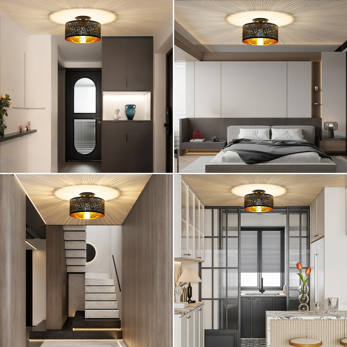 Plafonnier noir abat-jour tambour en tissu ajouré, intérieur doré