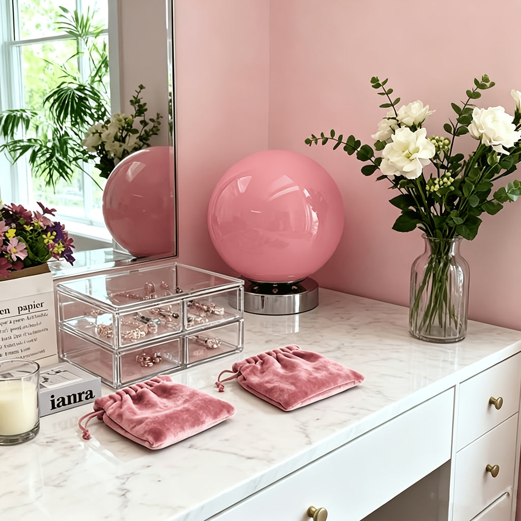 Lampe boule en verre rose sur socle chromé, USB et variateur