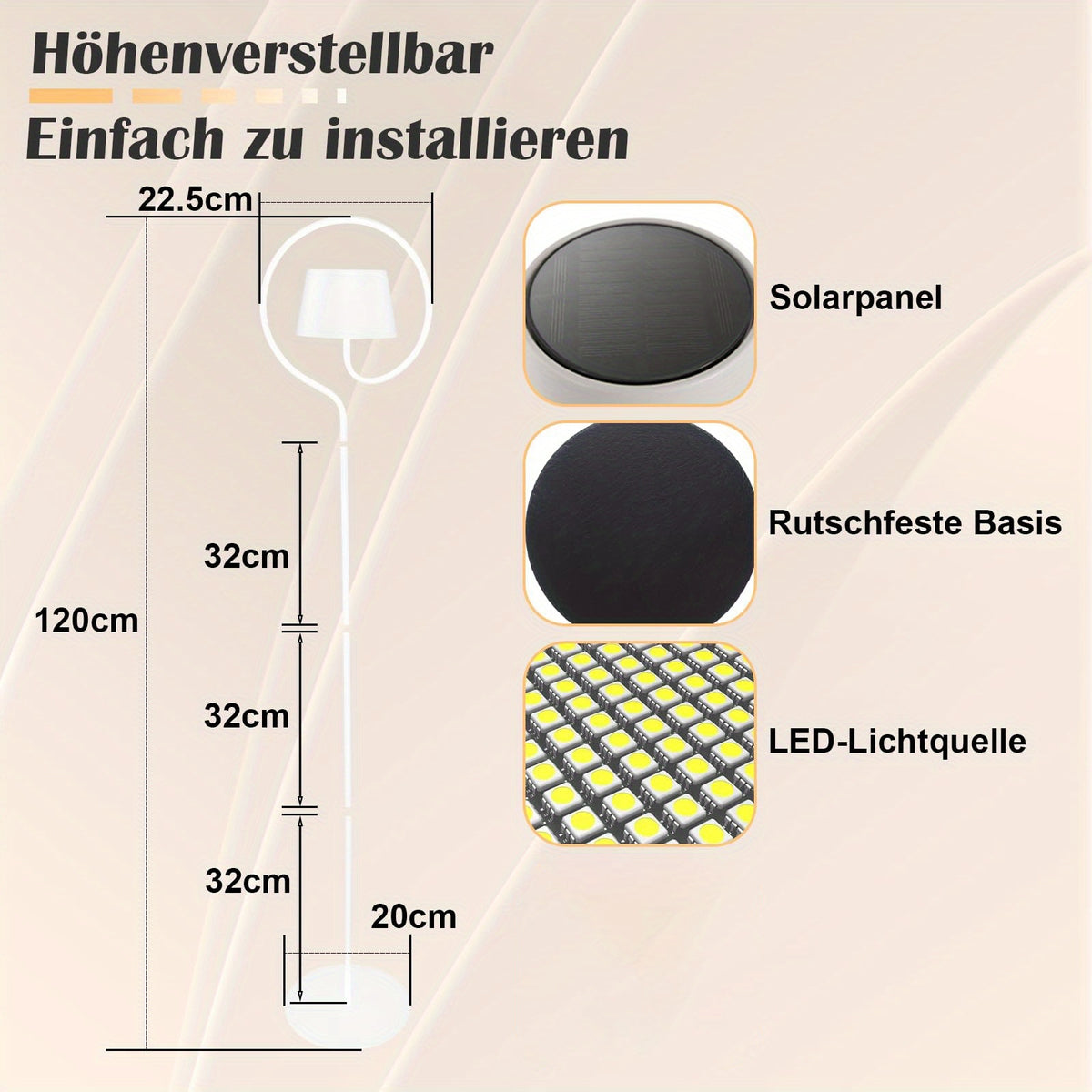 Lampadaire sans fil rechargeable blanc à anneau, tactile, 120 cm