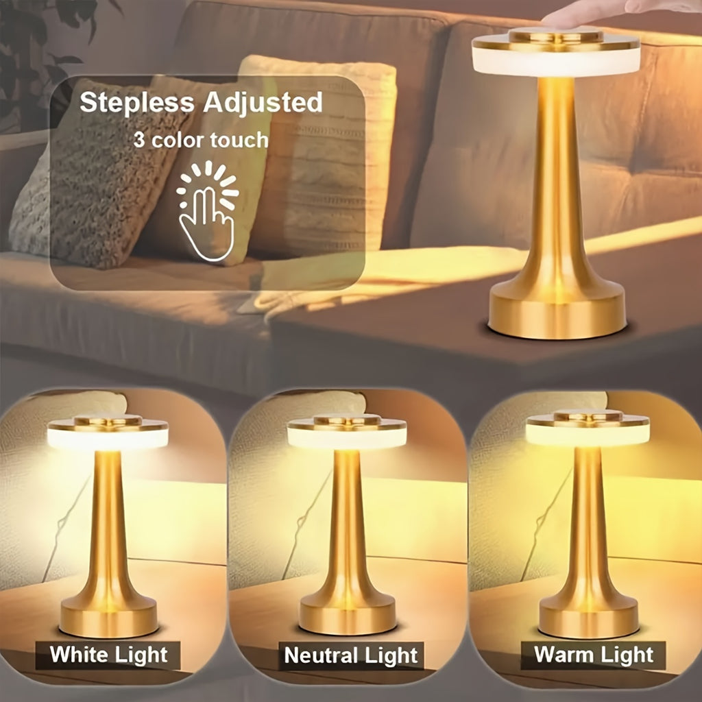 Lampe de table LED sans fil dorée en métal brossé, 3 teintes tactiles