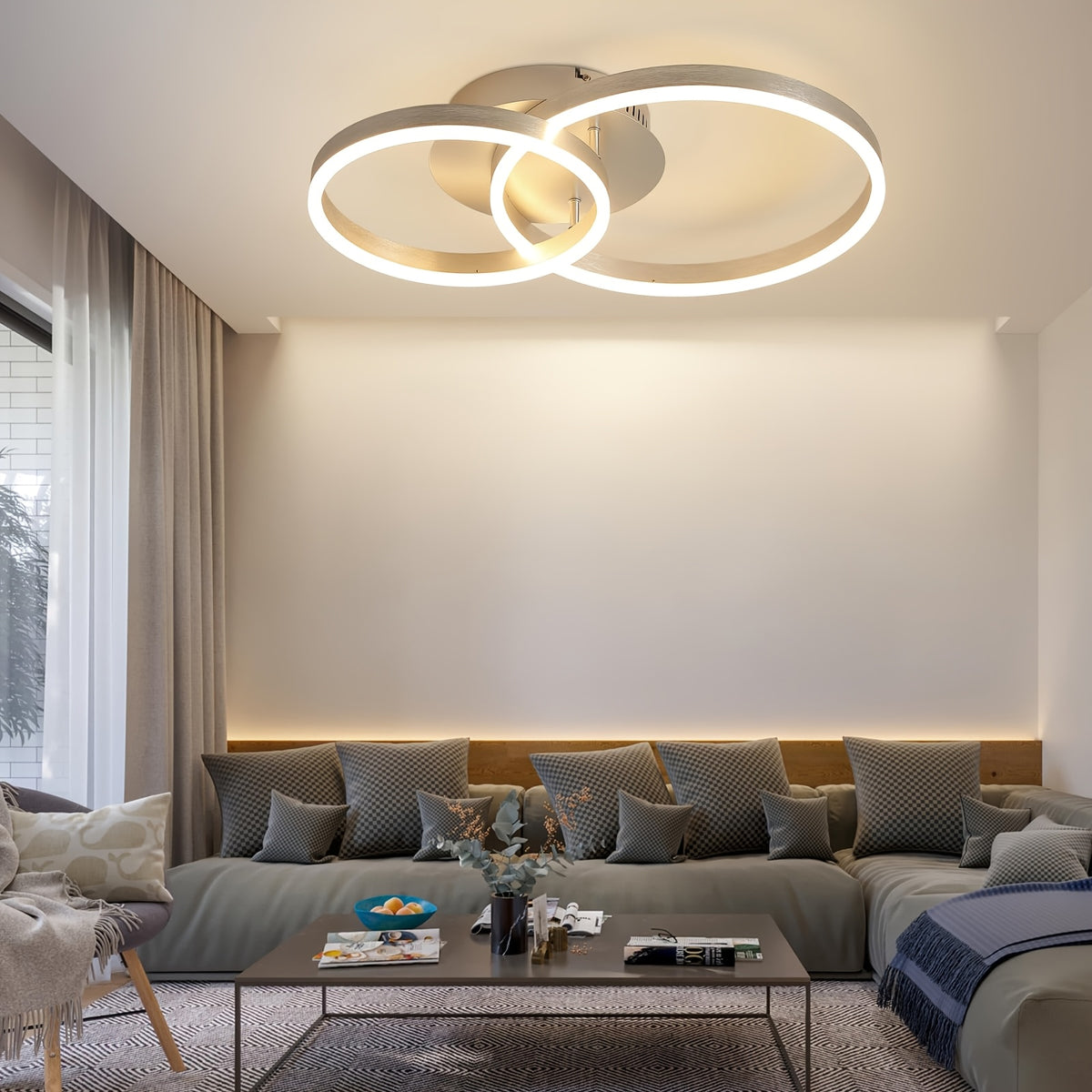 Plafonnier LED double anneau doré, noir ou argenté, variateur, 59 cm