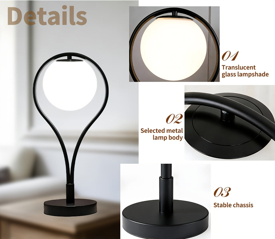 Lampe de chevet noire, globe en verre opalin dans un arceau