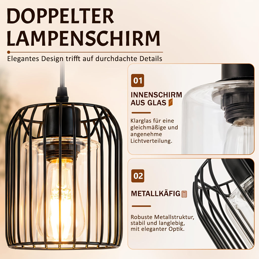 Suspension cage en métal noir avec cylindre en verre, Ø 15 cm, E27