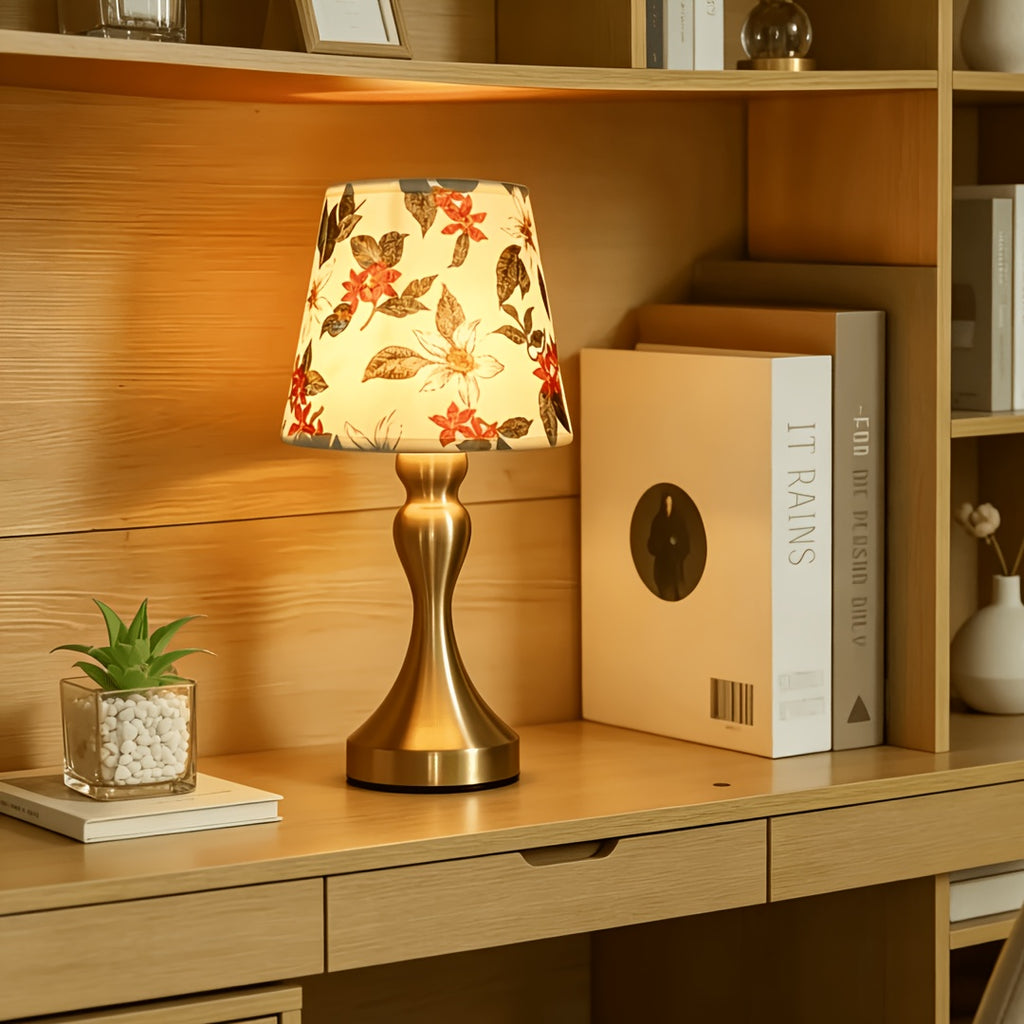 Lampe de chevet abat-jour à fleurs rouges, pied doré en sablier