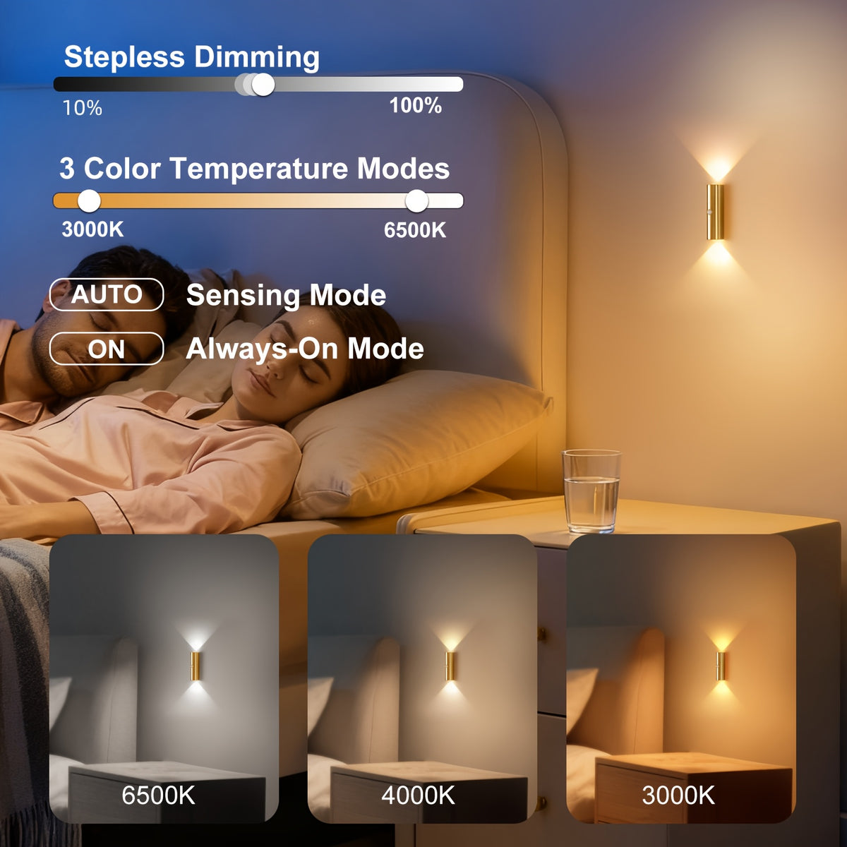 Applique murale LED dorée à détecteur, faisceau haut et bas
