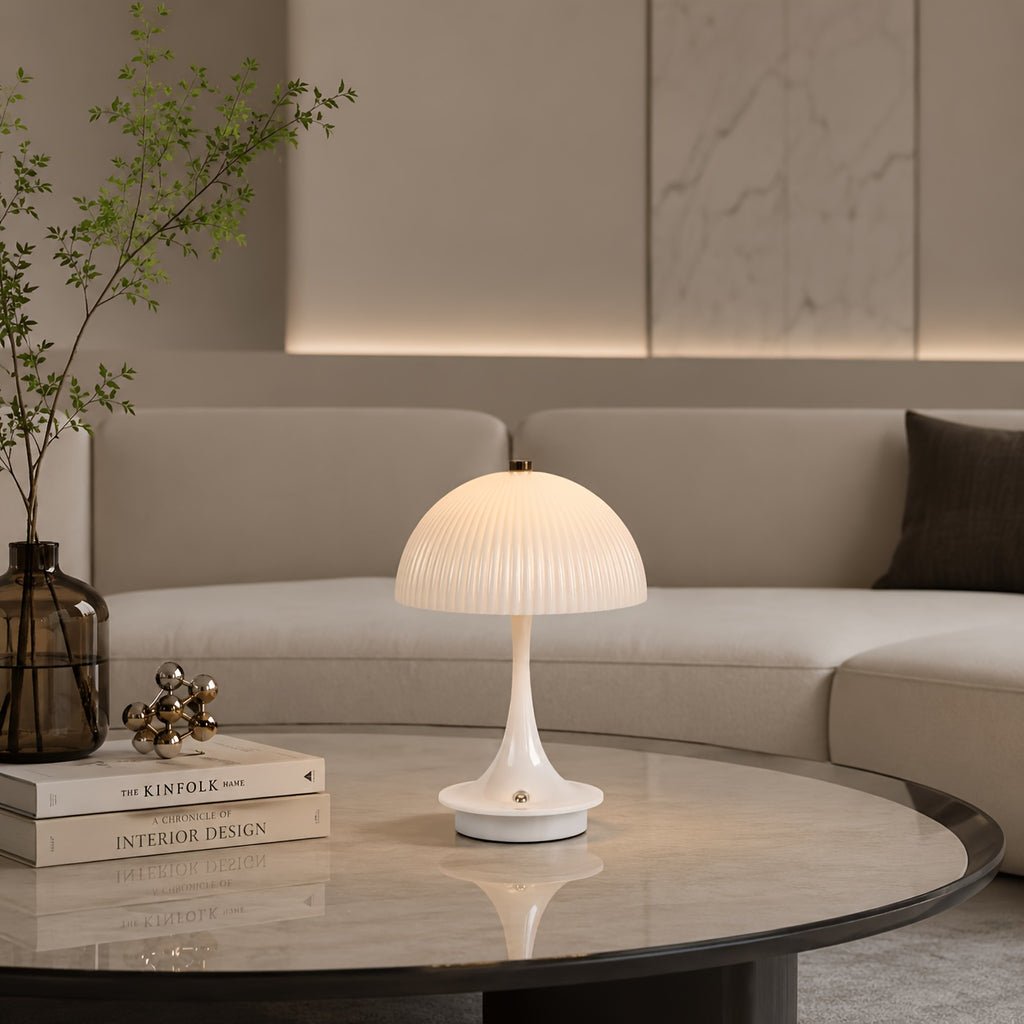Lampe champignon sans fil, dôme blanc strié et pied coloré 23 cm