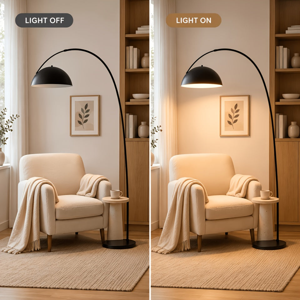 Lampadaire arc noir mat, dôme métal Ø 30 cm et portée réglable