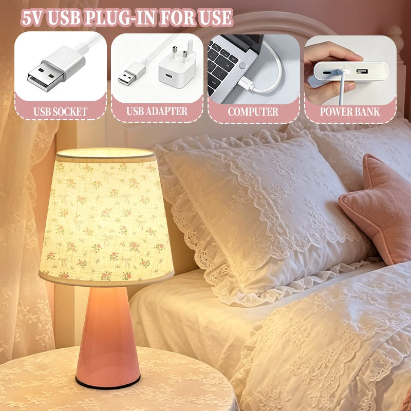 Lampe de chevet rose en lin à roses pastel et nœuds, coffret cadeau