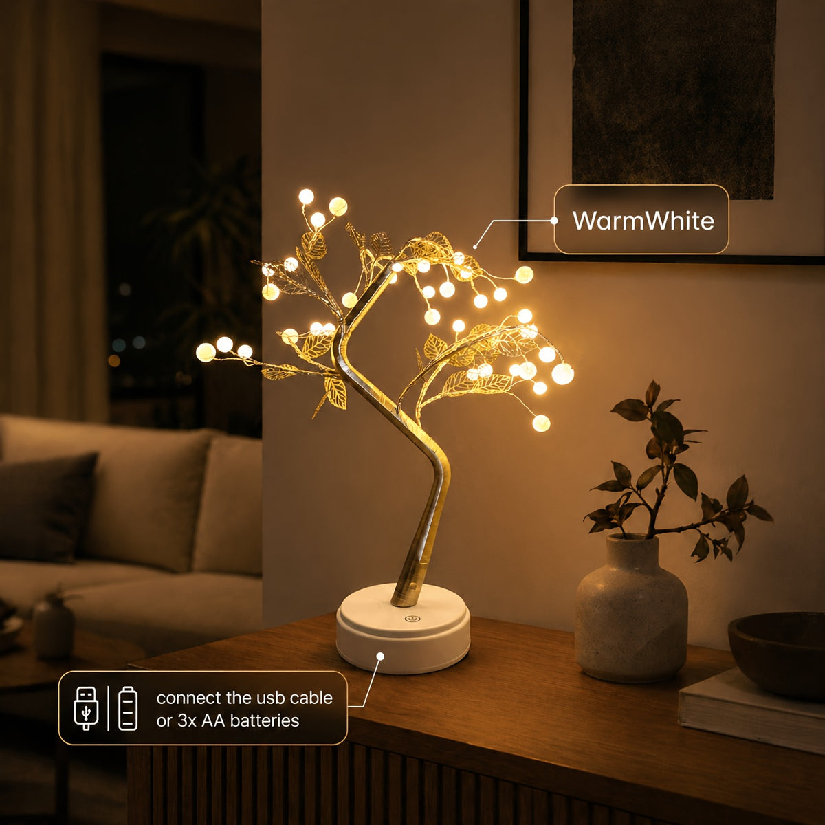 Lampe arbre lumineux à poser, branches dorées et perles LED, 50 cm
