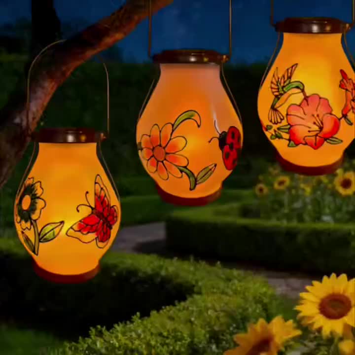 Suspension solaire d'extérieur peinte fleur et papillon, IP44