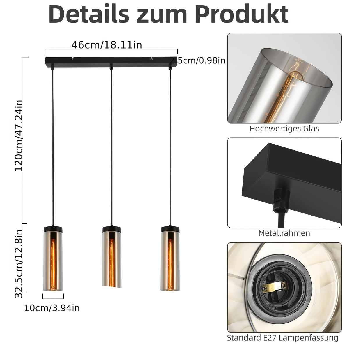 Suspension 3 tubes en verre fumé, barre de 46 cm ou rosace, E27