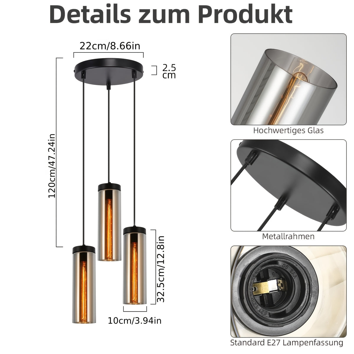 Suspension 3 tubes en verre fumé, barre de 46 cm ou rosace, E27
