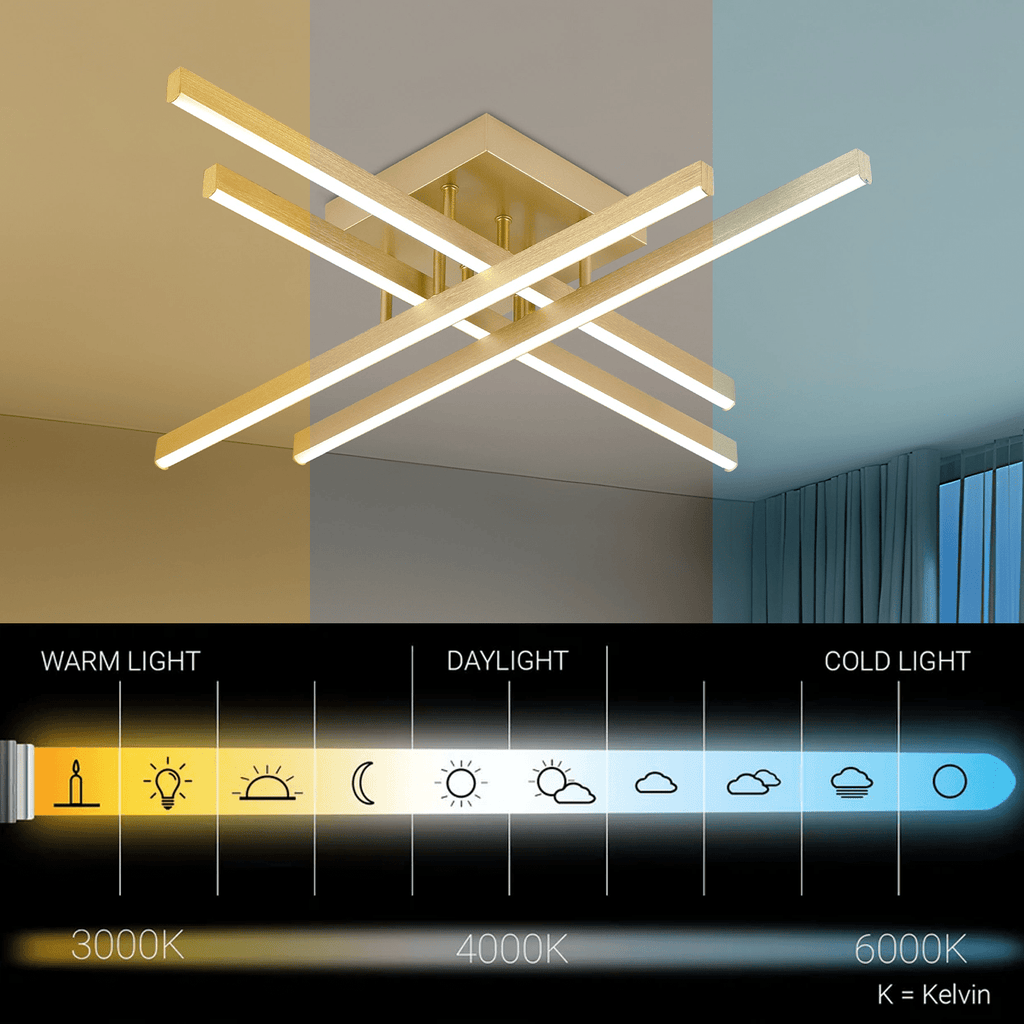Plafonnier LED doré à barres croisées, 80 cm, 54 W, télécommande