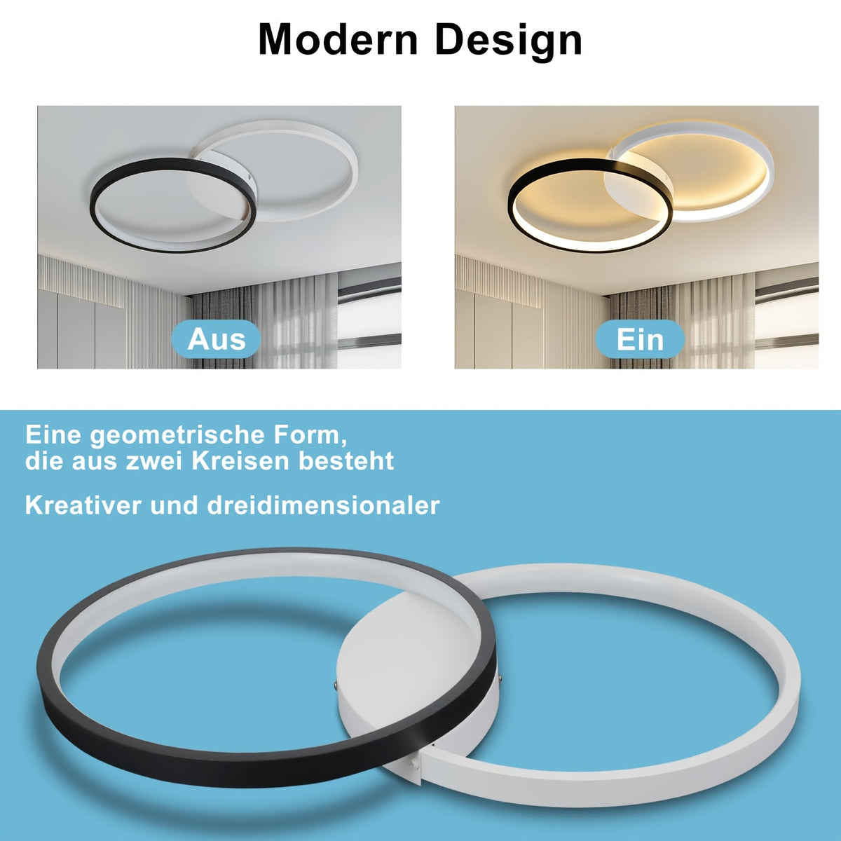 Plafonnier LED double anneau noir et blanc, 50 cm, trois teintes
