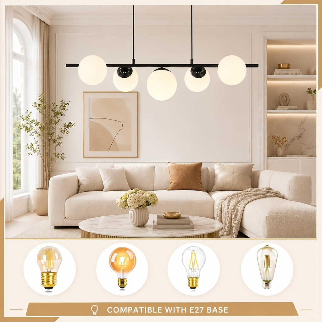 Suspension 5 globes en verre opalin, barre de 90 cm noire ou dorée