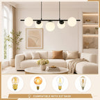Suspension 5 globes en verre opalin, barre de 90 cm noire ou dorée