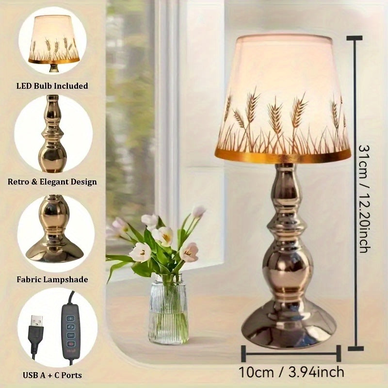 Lampe de chevet abat-jour épis de blé, pied balustre poli et LED