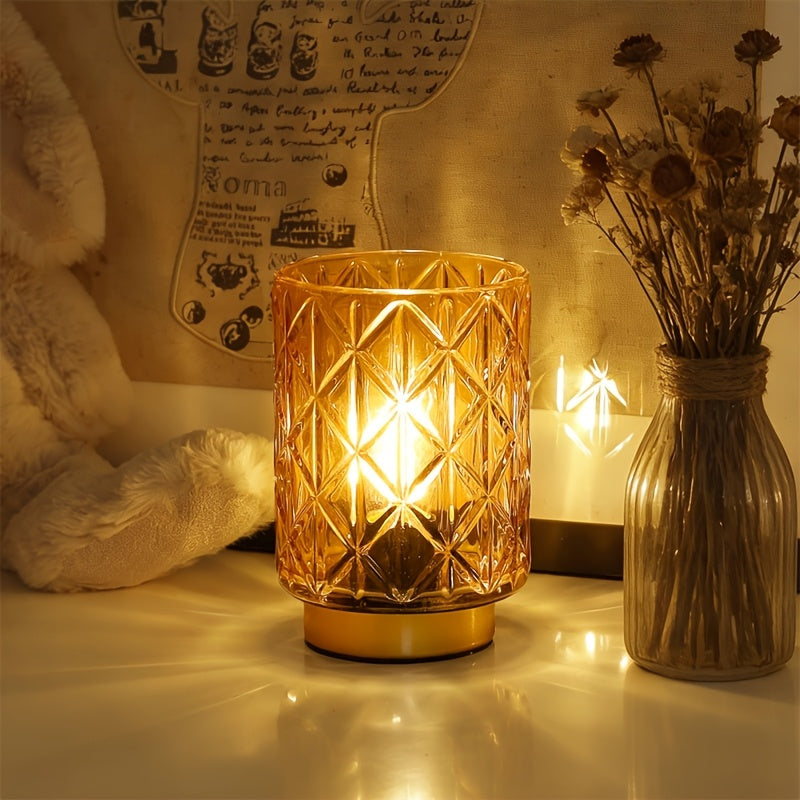 Lampe de chevet à piles en verre ambré taillé, socle doré, 15 cm