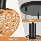 Lustre 3 lumières en corde de papier tressée sur rosace noire Ø 25 cm