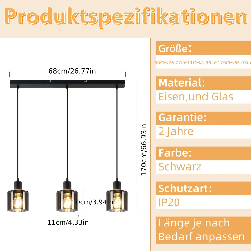 Suspension 3 lumières en verre fumé gris sur barre de 68 cm
