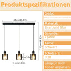 Suspension 3 lumières en verre fumé gris sur barre de 68 cm
