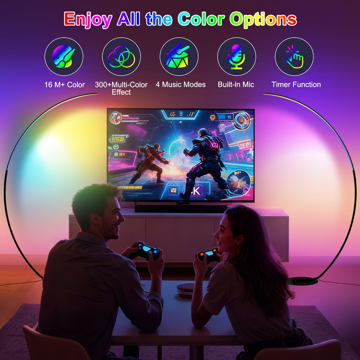 Lampadaire arc LED RVB à mode musique et blancs réglables, 165 cm