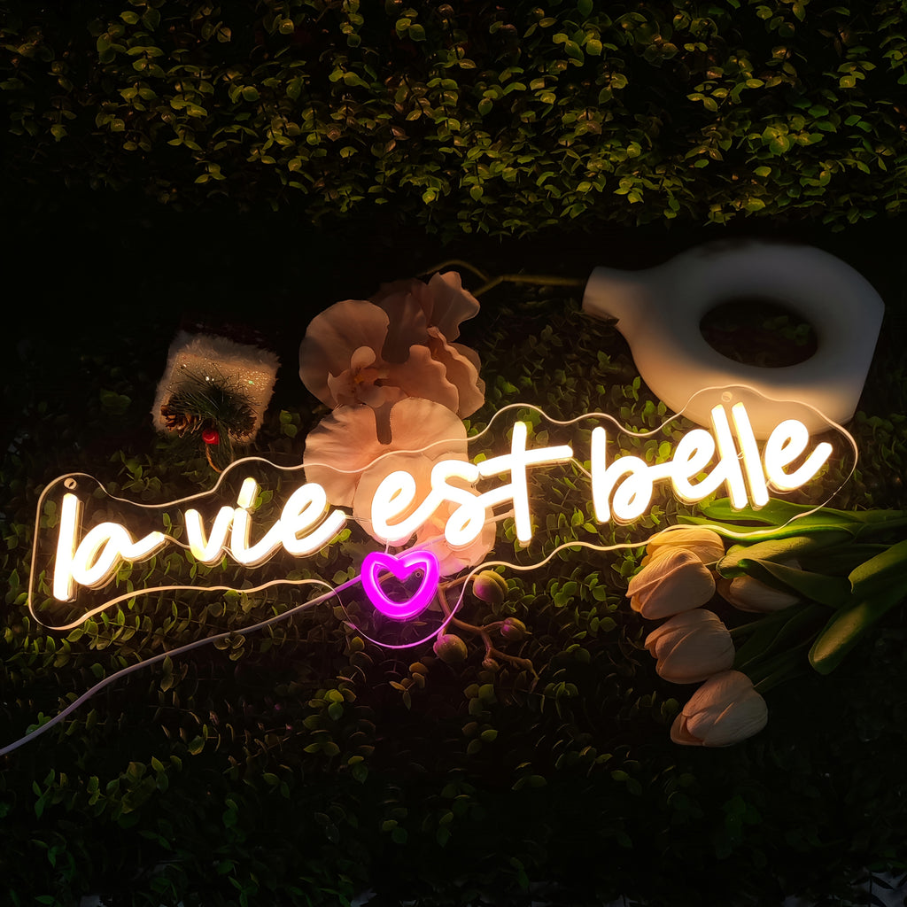 Enseigne néon LED « La vie est belle » blanc chaud et cœur rose