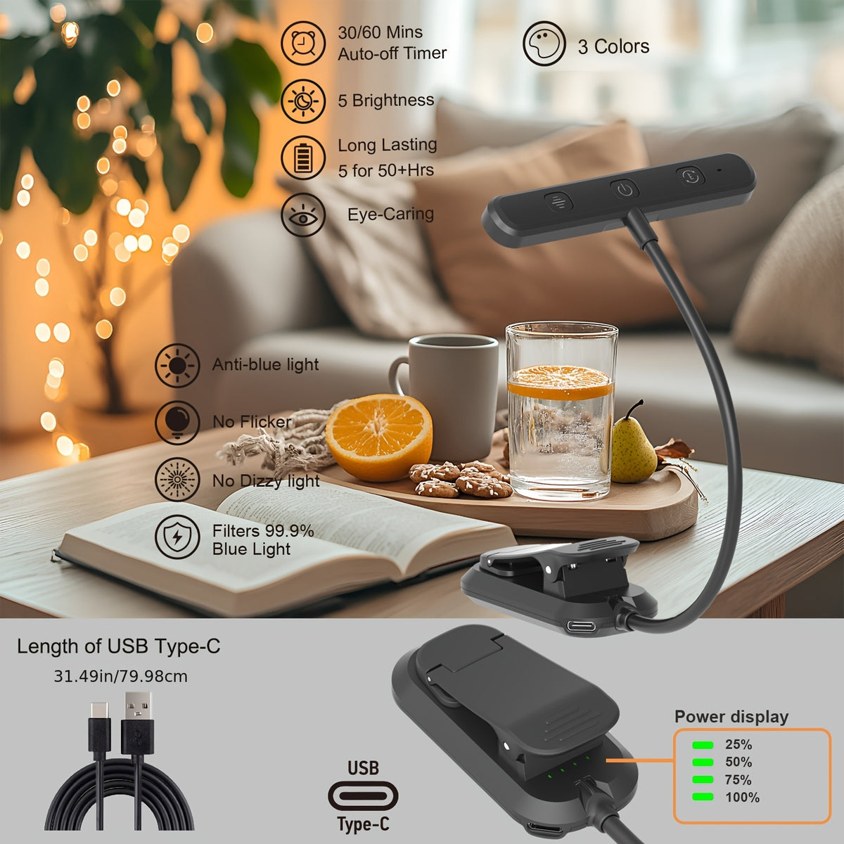 Lampe de lecture à pince barre 25 LED, minuterie, noire ou blanche