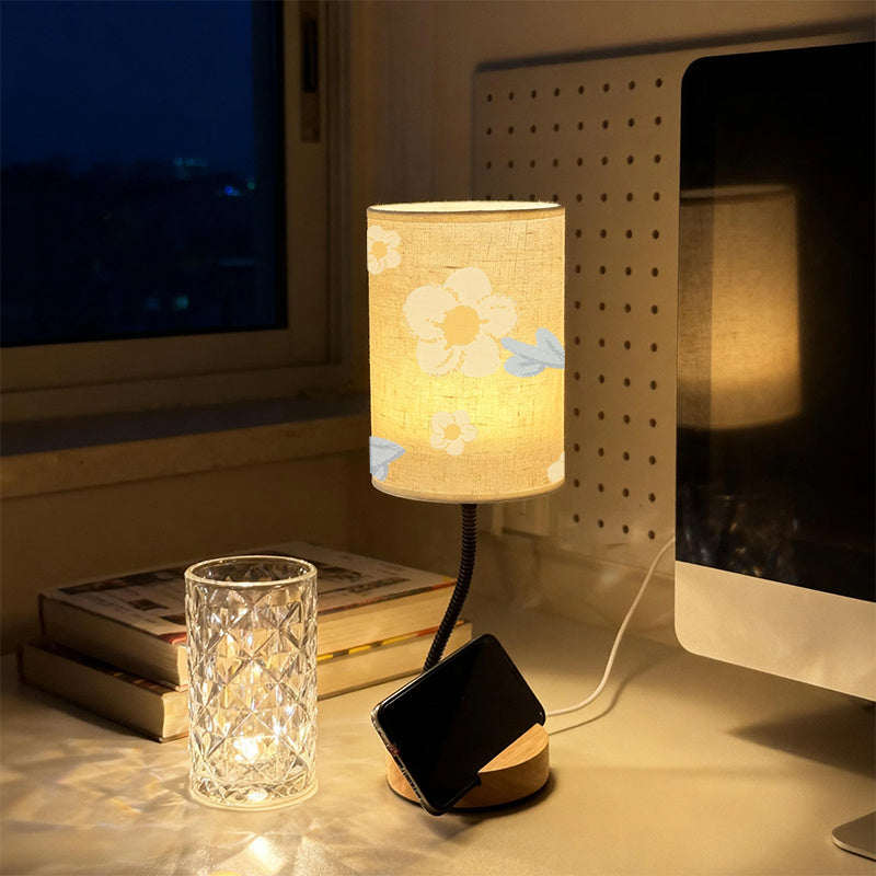 Lampe de chevet à fleurs jaunes, col flexible et socle porte-téléphone