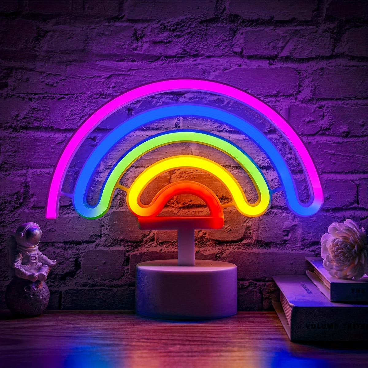Néon LED arc-en-ciel sur socle, à piles ou USB, 23 x 19 cm