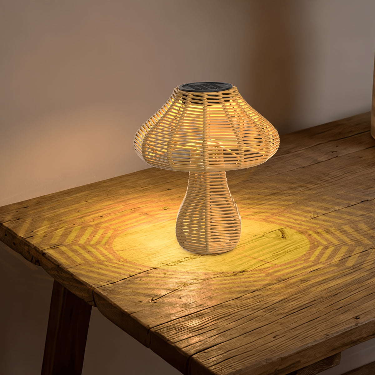 Lampe champignon solaire d'extérieur effet rotin, 24 cm de haut