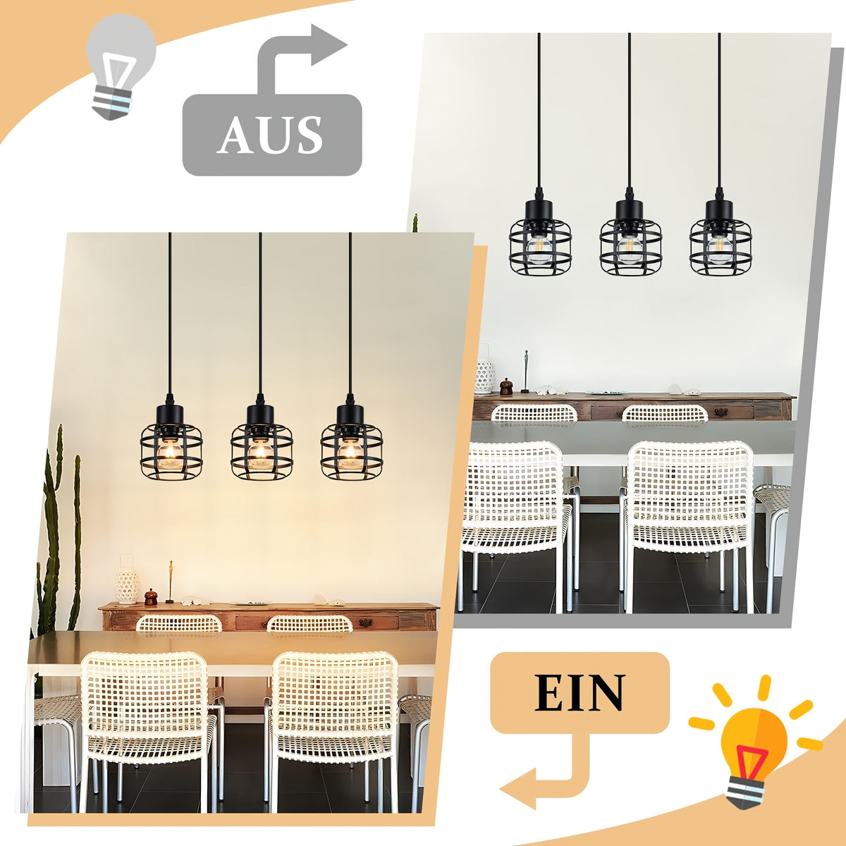 Suspension cages en métal noir E14, 1 lumière ou 3 en grappe