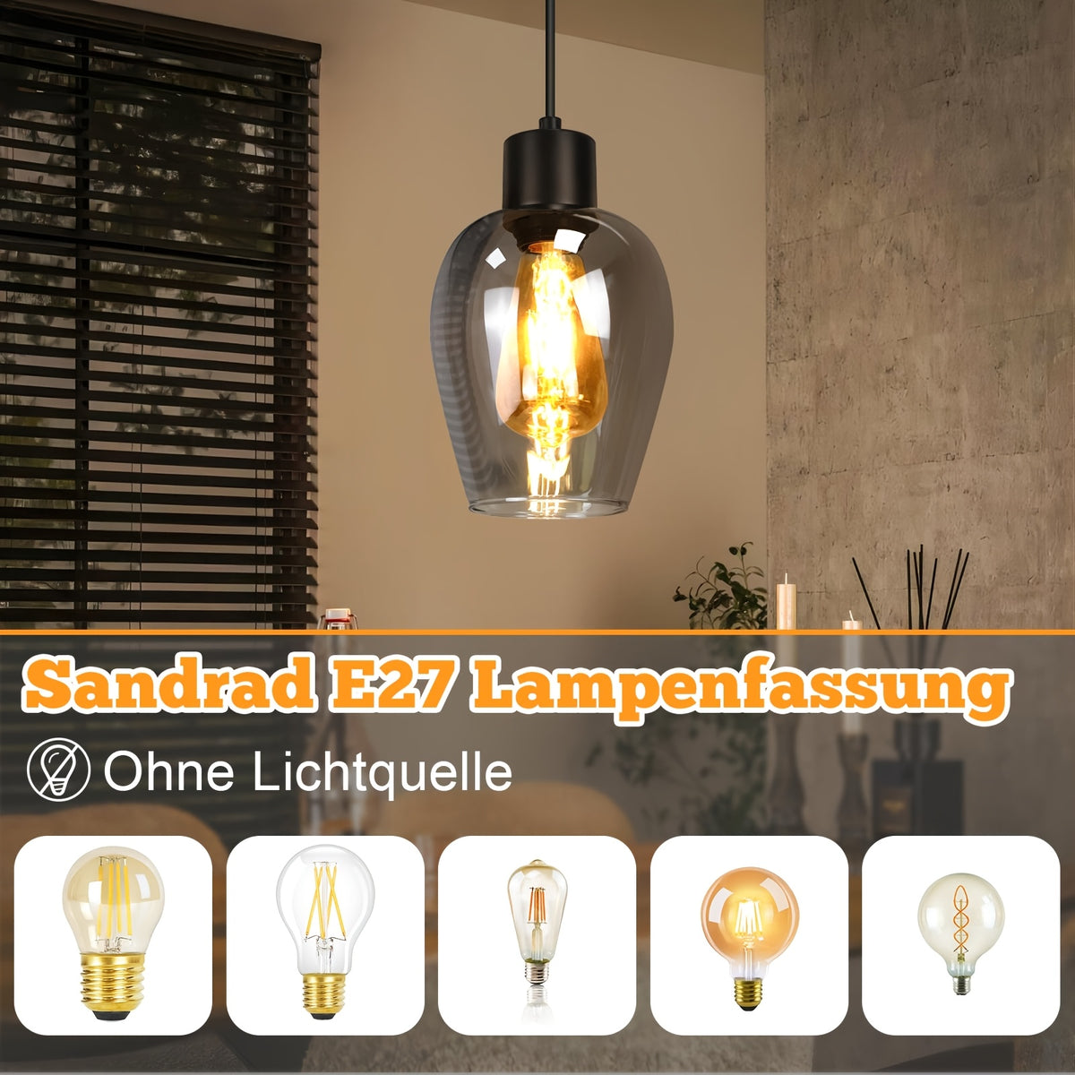 Lot de 2 suspensions tulipe en verre fumé, douille E27, câble 120 cm