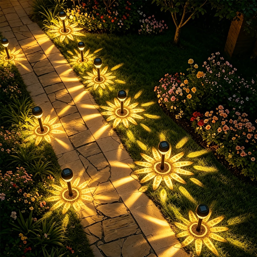 Lampe solaire sucette à tête facettée, rosaces au sol, lot de 8