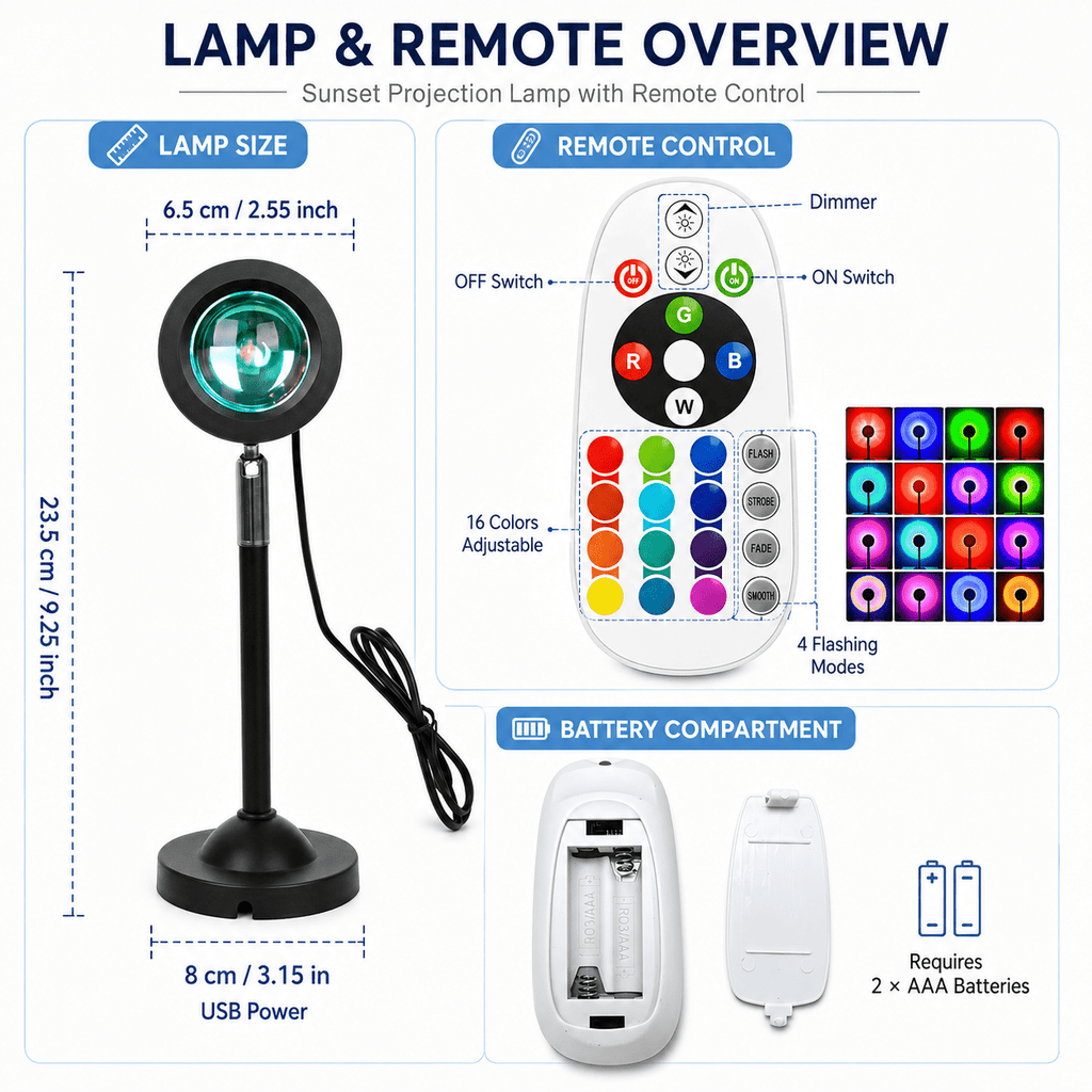 Lampe projecteur coucher de soleil orientable à 180°, 16 couleurs