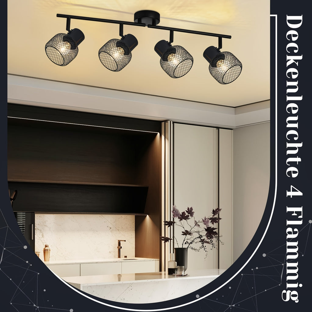Plafonnier noir à spots grillagés E27, 3 ou 4 lumières, 50 à 64 cm