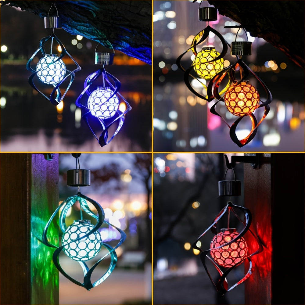 Suspension solaire spirale argentée à boule LED multicolore