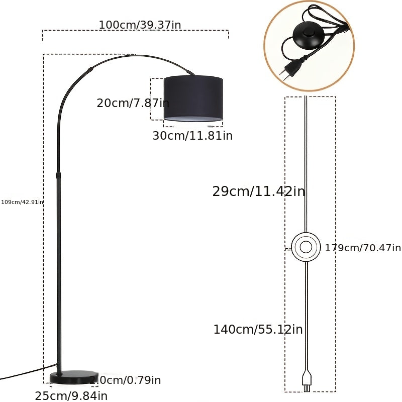 Lampadaire arc pour coin lecture, abat-jour tambour noir Ø 30