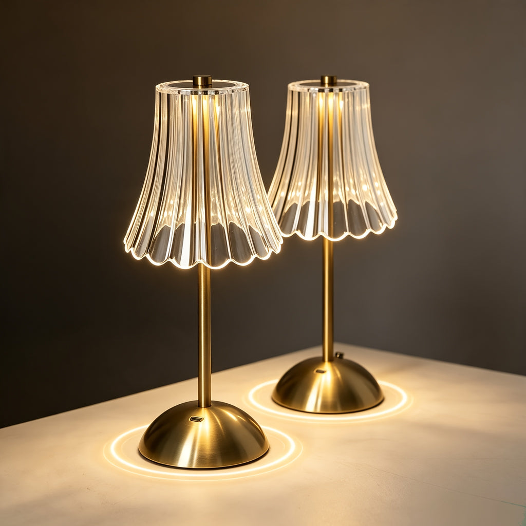 Lampe de chevet sans fil dorée, abat-jour cannelé transparent